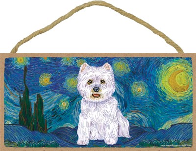 Van Gogh's Starry Night inspired - Westie 5" x 10" wood plaque/sign featu...