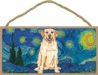 Van Gogh's Starry Night inspired - Yellow Lab 5" x 10" wood plaque/sign f...