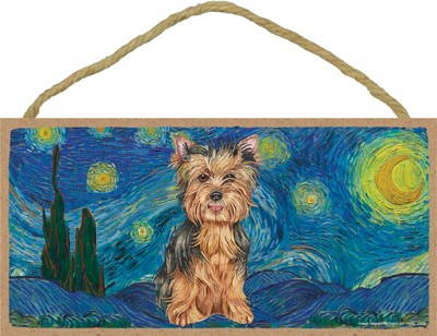 Van Gogh's Starry Night inspired - Yorkie 5" x 10" wood plaque/sign featu...