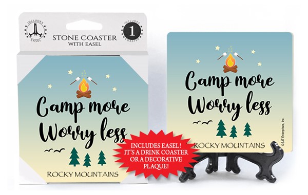 Camp more worry less 1-pk stone coaster with easel - can be name dropped with yo