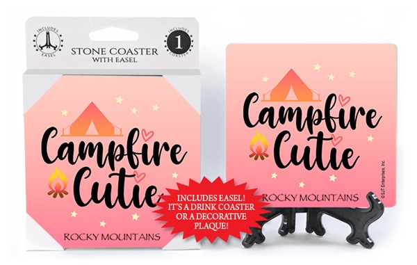 Campfire cutie (with tent & campfire) 1-pk stone coaster with easel - can be nam
