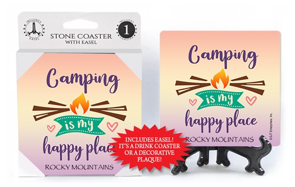 Camping is my happy place 1-pk stone coaster with easel - can be name dropped wi