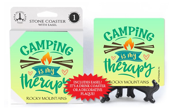 Camping is my therapy 1-pk stone coaster with easel - can be name dropped with y