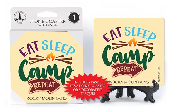 Eat sleep camp repeat (with fire) 1-pk stone coaster with easel - can be name dr