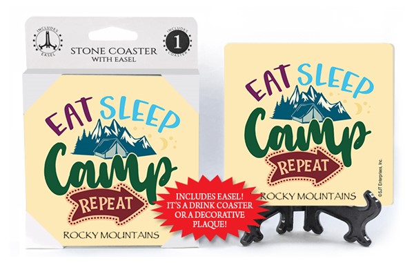 Eat sleep camp repeat (with tent, mountain, trees) 1-pk stone coaster with easel