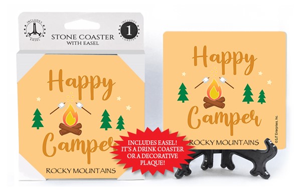 Happy camper (campfire) 1-pk stone coaster with easel - can be name dropped with