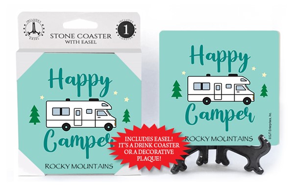 Happy camper (rv) 1-pk stone coaster with easel - can be name dropped with your