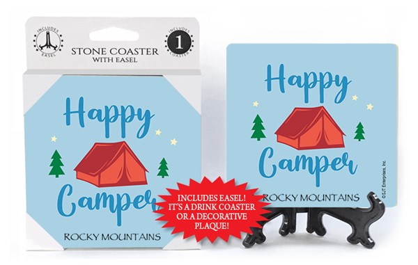 Happy camper (tent) 1-pk stone coaster with easel - can be name dropped with you