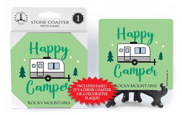 Happy camper (trailer) 1-pk stone coaster with easel - can be name dropped with
