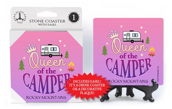 Queen of the camper 1-pk stone coaster with easel - can be name dropped with you