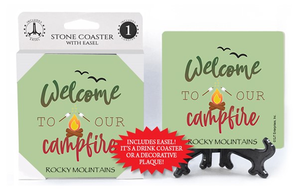 Welcome to our campfire 1-pk stone coaster with easel - can be name dropped with
