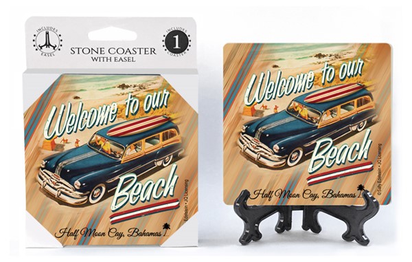 Welcome to our Beach  woody station wagon with surfboard on top    1-pack with e