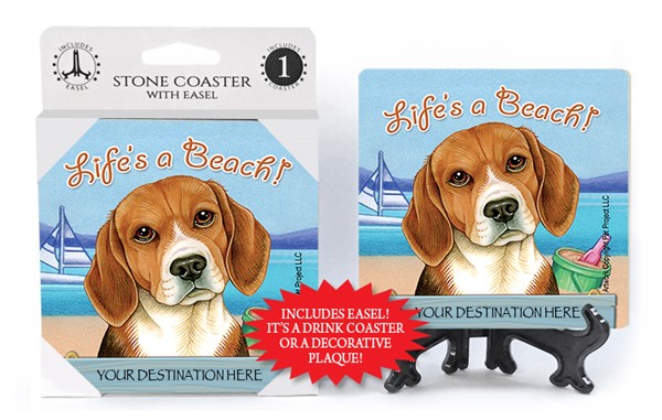Beagle / Life's A Beach 1-pack with easel stone coaster