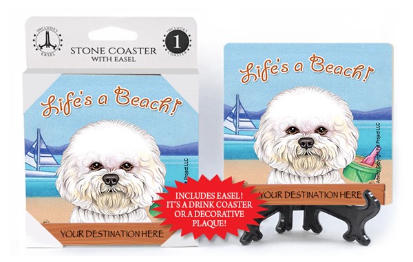 Bichon / Life's A Beach 1-pack with easel stone coaster