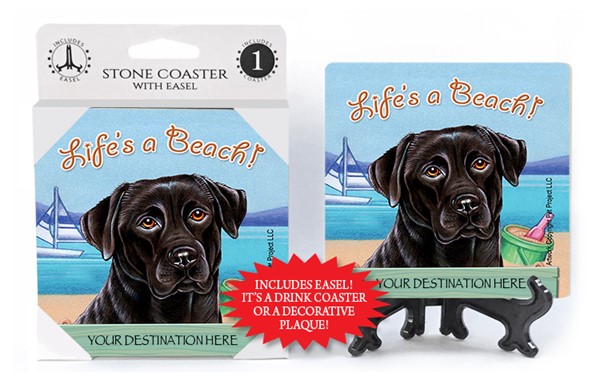 Black Lab / Life's A Beach 1-pack with easel stone coaster