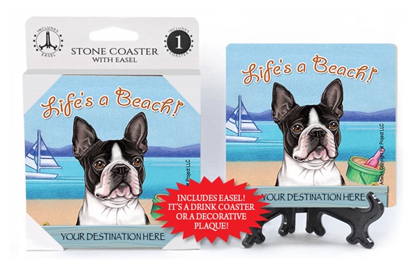 Boston Terrier / Life's A Beach 1-pack with easel stone coaster