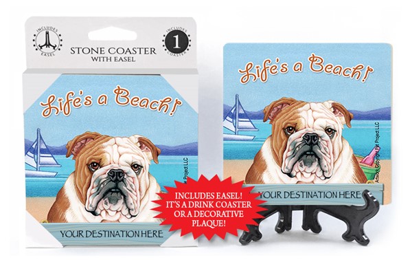 Bulldog / Life's A Beach 1-pack with easel stone coaster