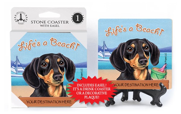 Dachshund   black and tan   / Life's A Beach 1-pack with easel stone coaster