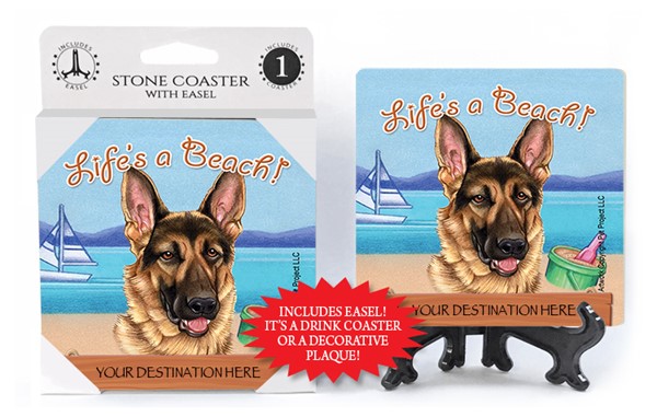 German Shepherd / Life's A Beach 1-pack with easel stone coaster