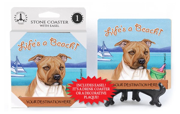 Pitbull   tan   / Life's A Beach 1-pack with easel stone coaster