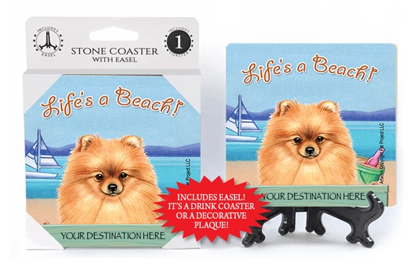Pomeranian / Life's A Beach 1-pack with easel stone coaster