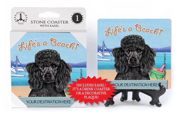 Poodle   Black   / Life's A Beach 1-pack with easel stone coaster