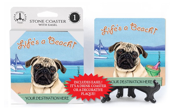 Pug   tan   / Life's A Beach 1-pack with easel stone coaster