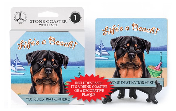 Rottweiler / Life's A Beach 1-pack with easel stone coaster