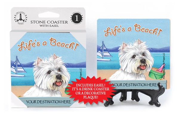 Westie / Life's A Beach 1-pack with easel stone coaster