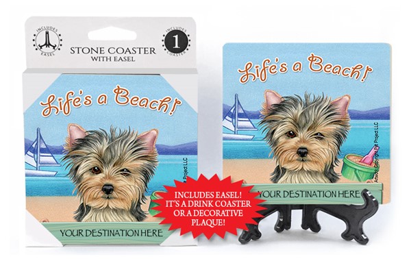 Yorkie / Life's A Beach 1-pack with easel stone coaster
