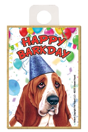 Basset Hound Happy Barkday wood fridge magnet