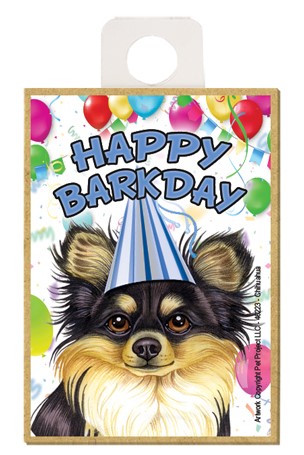Chihuahua (black and tan) Happy Barkday wood fridge magnet