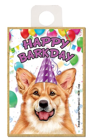 Corgi Happy Barkday wood fridge magnet