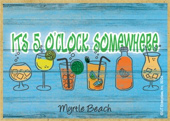 Its five oclock somewhere  various colorful cocktails / Wood fridge magnet with