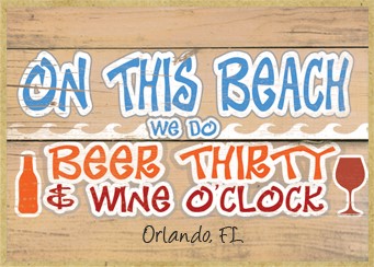 On this beach we do beer thirty and wine oclock  white waves, wine glass and bee