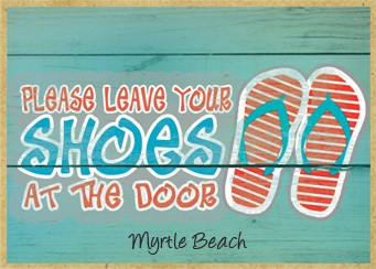 Please leave your shoes at the door  red and white striped flipflops / Wood frid
