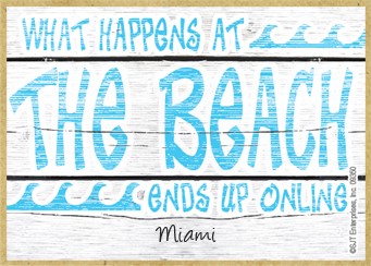 What happens at the beach ends up online  blue waves / Wood fridge magnet with w
