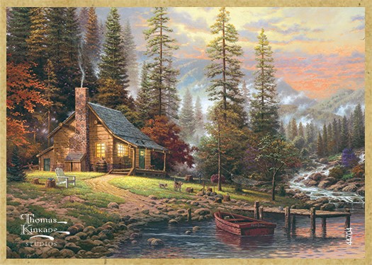 A Peaceful Retreat wood fridge magnet featuring the artwork of Thomas Kinkade