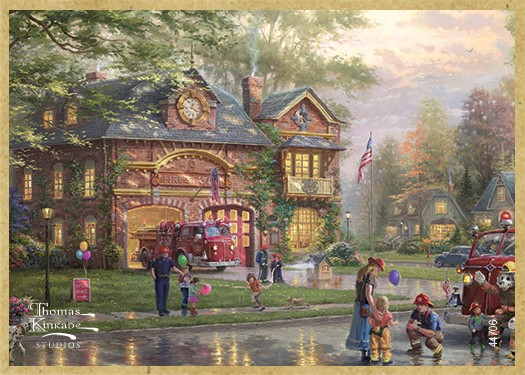 Hometown Firehouse wood fridge magnet featuring the artwork of Thomas Kinkade