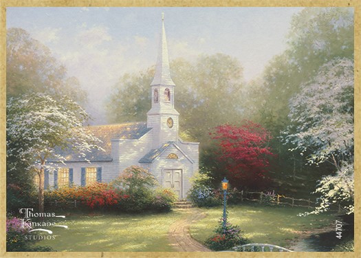 Hometown Chapel wood fridge magnet featuring the artwork of Thomas Kinkade