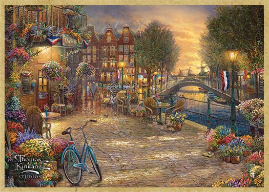 Amsterdam Café wood fridge magnet featuring the artwork of Thomas Kinkade