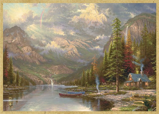 Mountain Majesty wood fridge magnet featuring the artwork of Thomas Kinkade