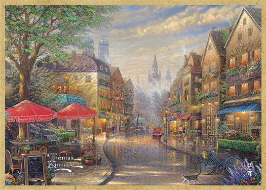Munich Café wood fridge magnet featuring the artwork of Thomas Kinkade