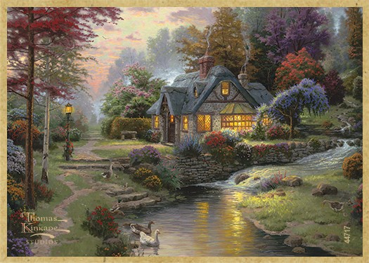 Stillwater Cottage wood fridge magnet featuring the artwork of Thomas Kinkade