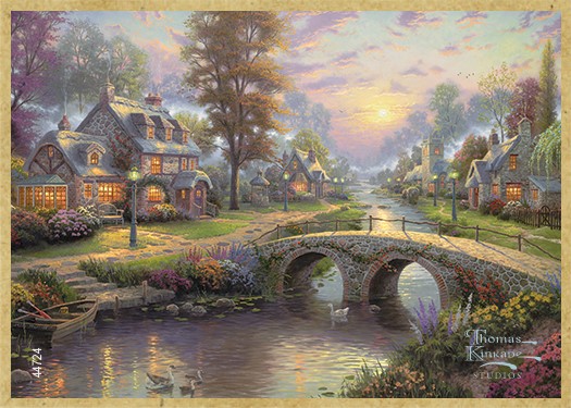 Sunset on Lamplight Lane wood fridge magnet featuring the artwork of Thomas Kink
