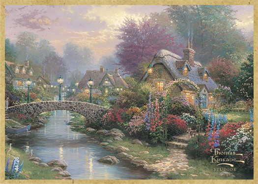 Lamplight Bridge wood fridge magnet featuring the artwork of Thomas Kinkade