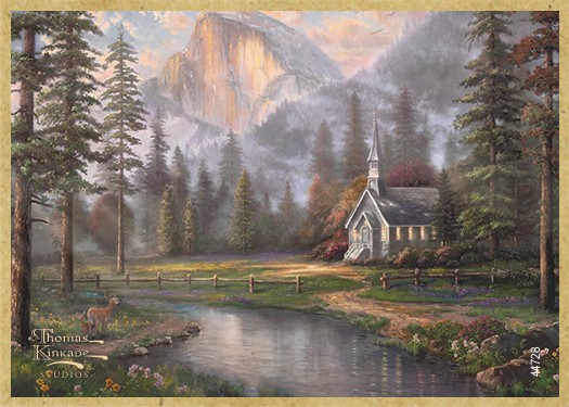 Valley Chapel wood fridge magnet featuring the artwork of Thomas Kinkade