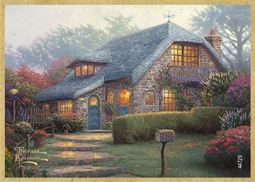 Lilac Cottage wood fridge magnet featuring the artwork of Thomas Kinkade