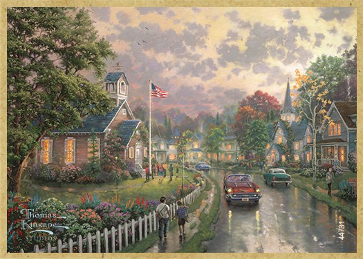 Morning Pledge wood fridge magnet featuring the artwork of Thomas Kinkade