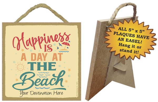 Happiness is a day at the Beach / Beach themed 5" x 5" wood plaque with easel on